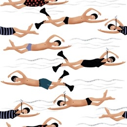 hand drawn digital pencil painting cute cartoon seamless pattern illustration people in the swimming pool for baby textile, cloth, linen or other decoration 