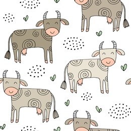 seamless texture with funny cows and hand drawn elements. childish background - animals on the farm. eps10 vector line-art drawing.