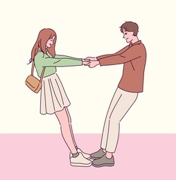 a couple hold each other hands in cute poses. hand drawn style vector design illustrations. 