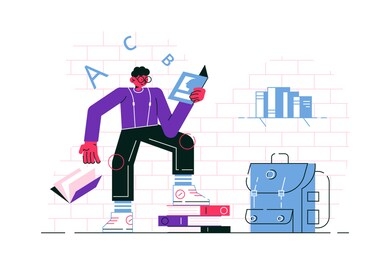 guy reading book vector illustration. man in casual clothes standing leaning on stack of textbooks and learning.  educational material flat style design