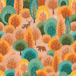 autumn seamless pattern with abstract flat handdrawn forest trees and forest animals: fox, deer, bear, hare. great for fabric, textile, wrapping paper, scrapbooking. vector illustration - vector