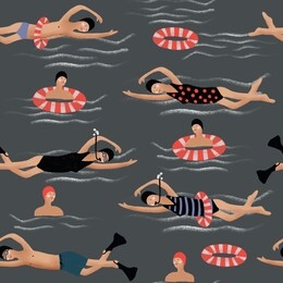 hand drawn digital pencil painting cute cartoon seamless pattern illustration people in the swimming pool on dark gray background for baby textile, cloth, linen or other decoration 