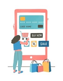 girl paying with credit card flat vector illustration. shopper ordering goods online cartoon character mobile shopping app. contactless, cashless payment option. e payment, e commerce concept.