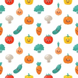 kawaii seamless pattern cute funny cartoon vegetable characters isolated on white background. illustration vector.  