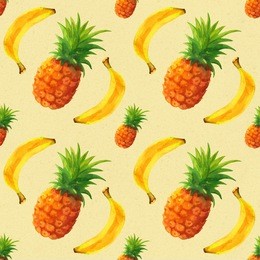 watercolor raster seamless pattern with pineapples and bananas