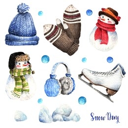 watercolor illustration, snow day, set , hat, skates, mittens, snowmen, warm headphones. handmade, postcard for you. background white