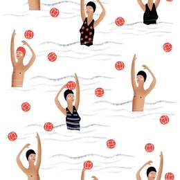 hand drawn digital pencil painting cute cartoon seamless pattern illustration people playing water polo in the swimming pool on white background for baby textile, cloth, linen or other decoration 