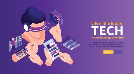 isometric technologies future horizontal banner with slider button text and images of wearable electronic devices vector illustration