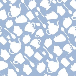 seamless pattern with white cups, teapots and spoons on a blue background. hand-drawn vector illustration.