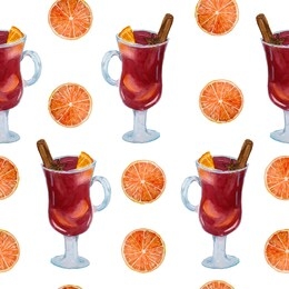 watercolor hand drawn seamless pattern with glass of red warm hot winter christmas drink beverage mulled wine with orange anise badian cinnamon stick spices for winter decoration wallpaper textile