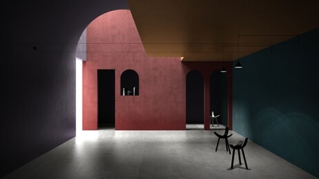 classic colorful concrete interior space, sun light that cast shadow on the wall and floor, hall, living, lounge room, geometric structures design with pendant lamps and armchairs, 3d illustration