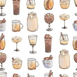 vector seamless pattern with hot winter drinks isolated on white. fashion new year print. endless texture. hot chocolate, eggnog, cider, coffee, cacao, wine, champagne. cover for planner, cookbook