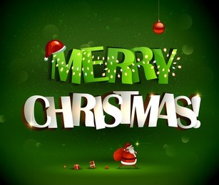 merry christmas inscription and santa claus with gifts