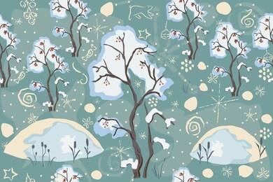 seamless winter pattern with merry christmas tree, berry tree covered with snow and snowdrifts. repeating winter pattern. 