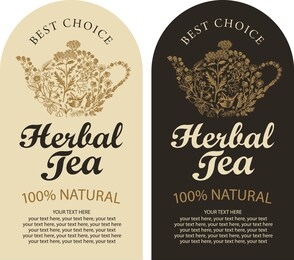 set of two vector labels for a herbal tea with sketches, calligraphic inscriptions and place for text in retro style. tea labels with teapot or kettle consisting of hand-drawn medicinal herbs.
