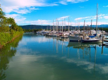small sailboats in the harbor in port douglas, australia