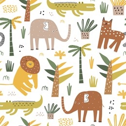 safari animals seamless pattern with cute elephant, alligator, wild cat, cute lion and tropical plants. vector texture in childish style great for fabric and textile, backgrounds.