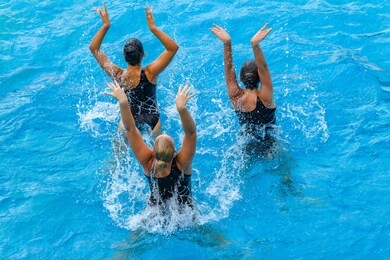 synchronized swimming girls underwater dance action routine overhead pool photo.