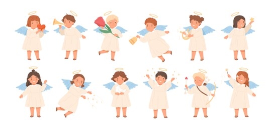 cute baby angels flat vector illustrations set. adorable little children with wings cartoon characters. cheerful boys and girls holding different items. angelic beings isolated on white background.