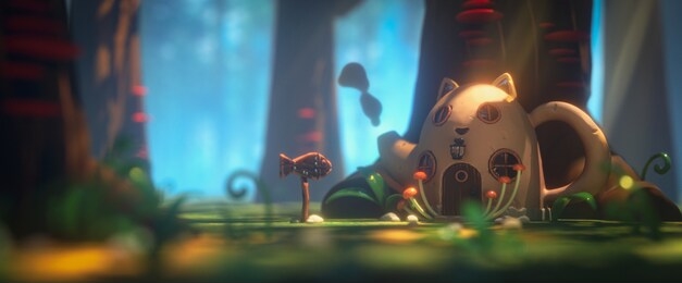 fairy teapot cat house in magic forest with rays of sunlight. landscape with mushrooms on trees and path in the forest to a cartoon house with a wooden fish sign. 3d illustration of the game location