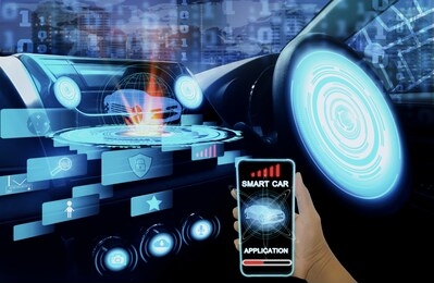 futuristic vehicle smart car cockpit,graphic user interface(gui)digital hologram,virtual screen system hud(head up display),self driving mode autonomous control,via wireless network smart phone device