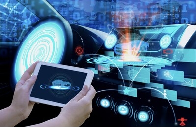 futuristic screen dashboard graphic user interface(gui)digital hologram,virtual screen system hud(head up display)of futuristic vehicle smart car cockpit,with self driving mode autonomous control