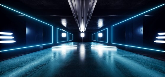 futuristic sci fi tunnel corridor hallway underground garage grunge studio concrete podium construction cyber virtual neon fluorescent led lights glowing blue 3d rendering illustration