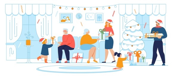 family generations celebrating merry christmas, happy new year together at home trendy flat concept. grandparents, father and mother with kids opening winter holidays gifts boxes illustration