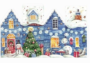 hand painted watercolor christmas house template for creating your own 3-d christmas decoration. cut and glue the christmas house template with christmas tree, gifts and snow.