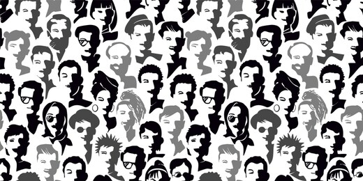 multicultural team. seamless background from a group of people. flat black and white graphics. different nationalities, characters, characters, clothes and hairstyles. vector illustration.