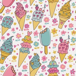 tasty seamless pattern made of cute ice cream in pastel colors in vector. seamless pattern can be used for wallpapers, pattern fills, web page backgrounds, surface textures.