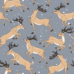 running young deer. seamless pattern with horned deers and snowfall.