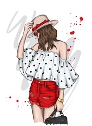 beautiful girl in a stylish hat, t-shirt and shorts. summer clothes. fashion & style. vector illustration for greeting card or poster.