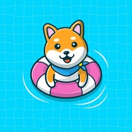 shiba inu swimming on beach vector icon illustration. dog and swim ring, summer and animal icon concept white isolated.  