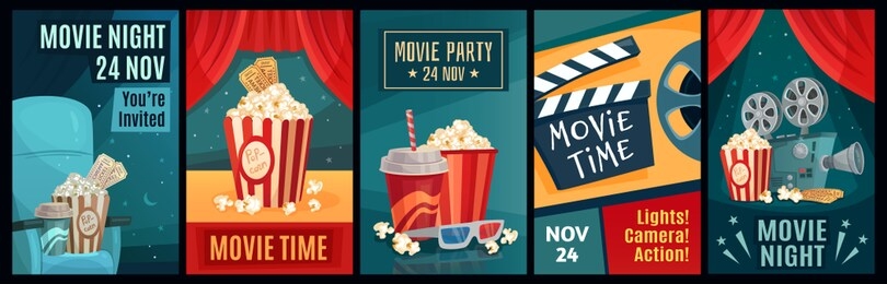 cinema poster. night film movies, popcorn and retro movie posters template. cinematograph advertising banners, films ticket or movie show posters cartoon  illustration set