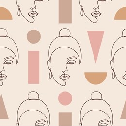 seamless pattern with woman faces and geometric figures