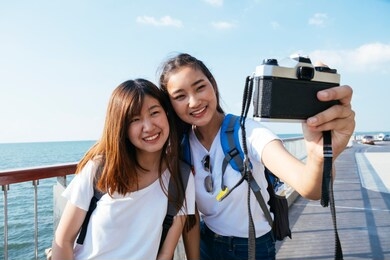 best friend girls take their photo with the camera on the trip.