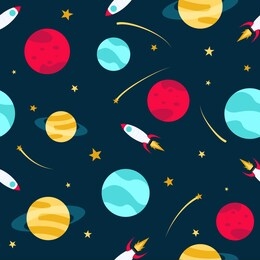 vector seamless pattern on the theme of space, universe. on a dark blue background, bright multi-colored planets, stars, spaceships, comets.
