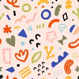 trendy  contemporary art abstraction, seamless vector pattern, various linocut stamp shapes, trendy colorful fashion print, good as wrapping paper or textile print, hand drawn doodles.