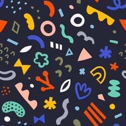 modern geometric abstraction, seamless vector pattern, various abstract linocut stamp shapes, trendy colorful ornament, good as wrapping paper, hand drawn doodles.