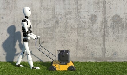 a humanoid robot mows grass with a lawn mower. future concept with robotics and artificial intelligence. 3d rendering