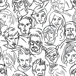 seamless pattern of a group of people. many different avatars. portraits of men and women. black and white linear people. character design. vector illustration.