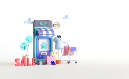 shopping on-line. online store on website or mobile application. 3d rendering background. digital marketing shop concept.