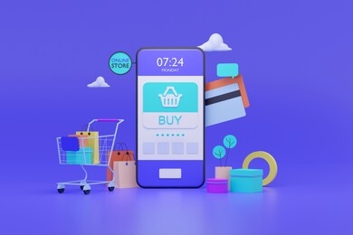 shopping on-line. online store on website or mobile application. 3d rendering background. digital marketing shop concept.