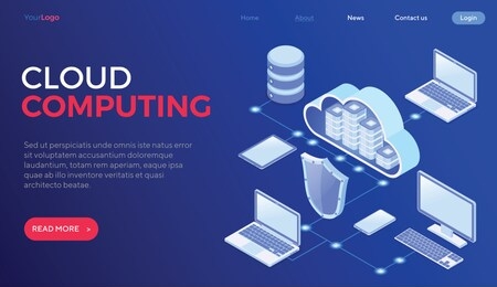 cloud computing technology isometric concept with computer, laptop, phone, tablet and shield icons. security cloud storage server. big data processing. landing page template. isolated vector