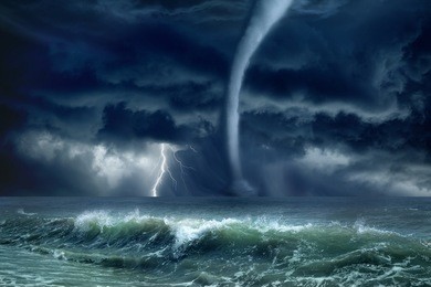 nature force background - huge tornado, bright lightning in dark stormy sky, stormy sea, big waves