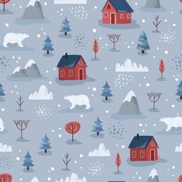 polar bears among red houses and mountains with snowfall. winter landscape, seamless pattern