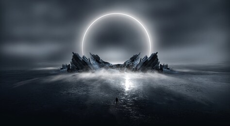 modern futuristic neon abstract background. large object in the center, space background. dark scene with neon light. reflection of light on a wet surface.