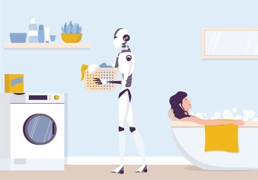 artificial intelegence as a part of human routine. domestic personal robot making laundry. ai helps people in their life, future technology concept. vector illustration in cartoon style