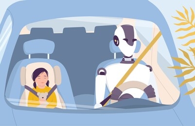 artificial intelegence as a part of human routine. domestic personal robot drive people safely. ai helps people in their life, future technology concept. vector illustration in cartoon style